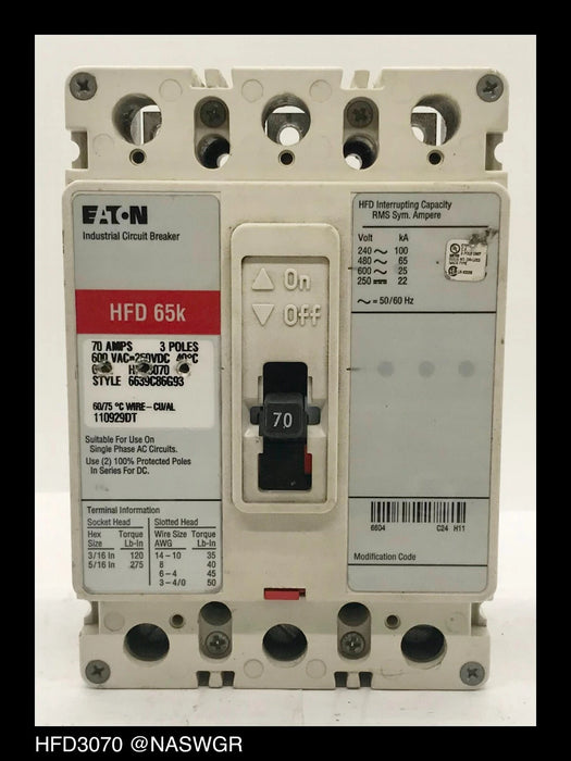 Eaton HFD3070 Molded Case Circuit Breaker - 70 Amp