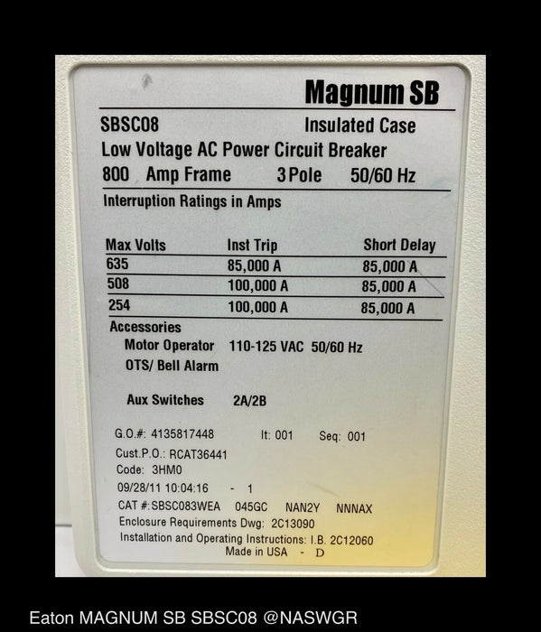 Eaton Magnum SB SBSC08 Circuit Breaker (E/O,D/O) - 400 Amp