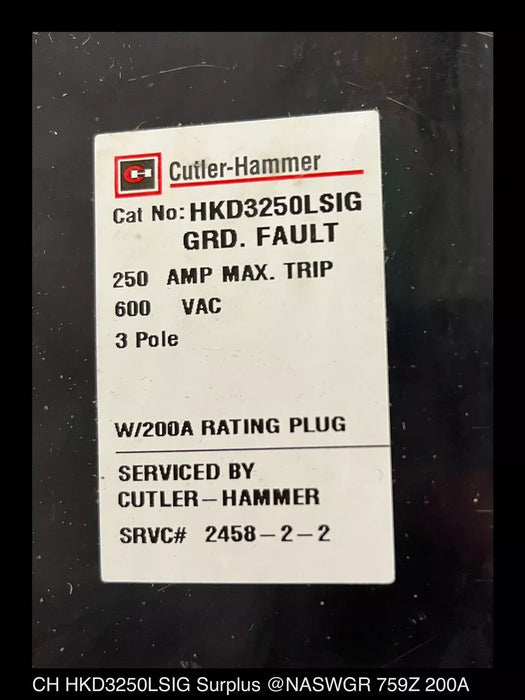 Cutler Hammer HKD3250LSIG Molded Case Circuit Breaker - 200 Amp- Unused