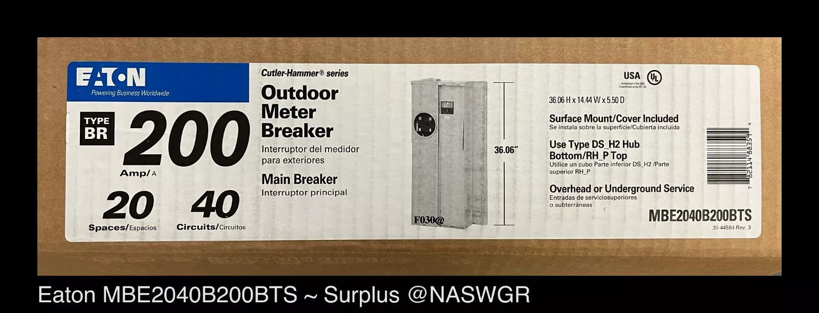 Eaton MBE2040B200BTS Meter Breaker EUSERC Type BR - 200A-120/240V - Unused
