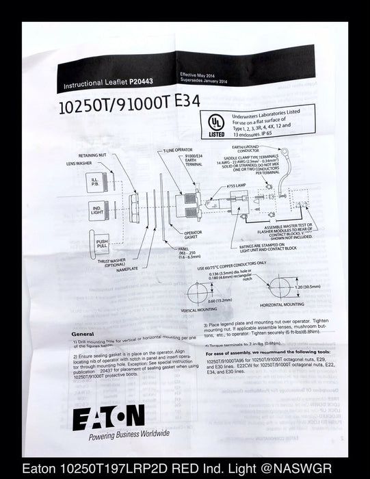 Eaton 10250T197LRP2D Red Indicating Light Full Voltage - New Surplus