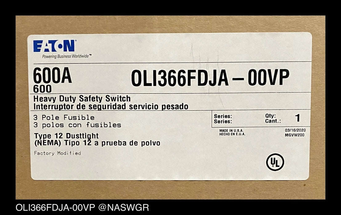 Eaton OLI366FDJA-00VP Heavy Duty Safety Switch - 600A/600V/3P3W/N12 - Unused