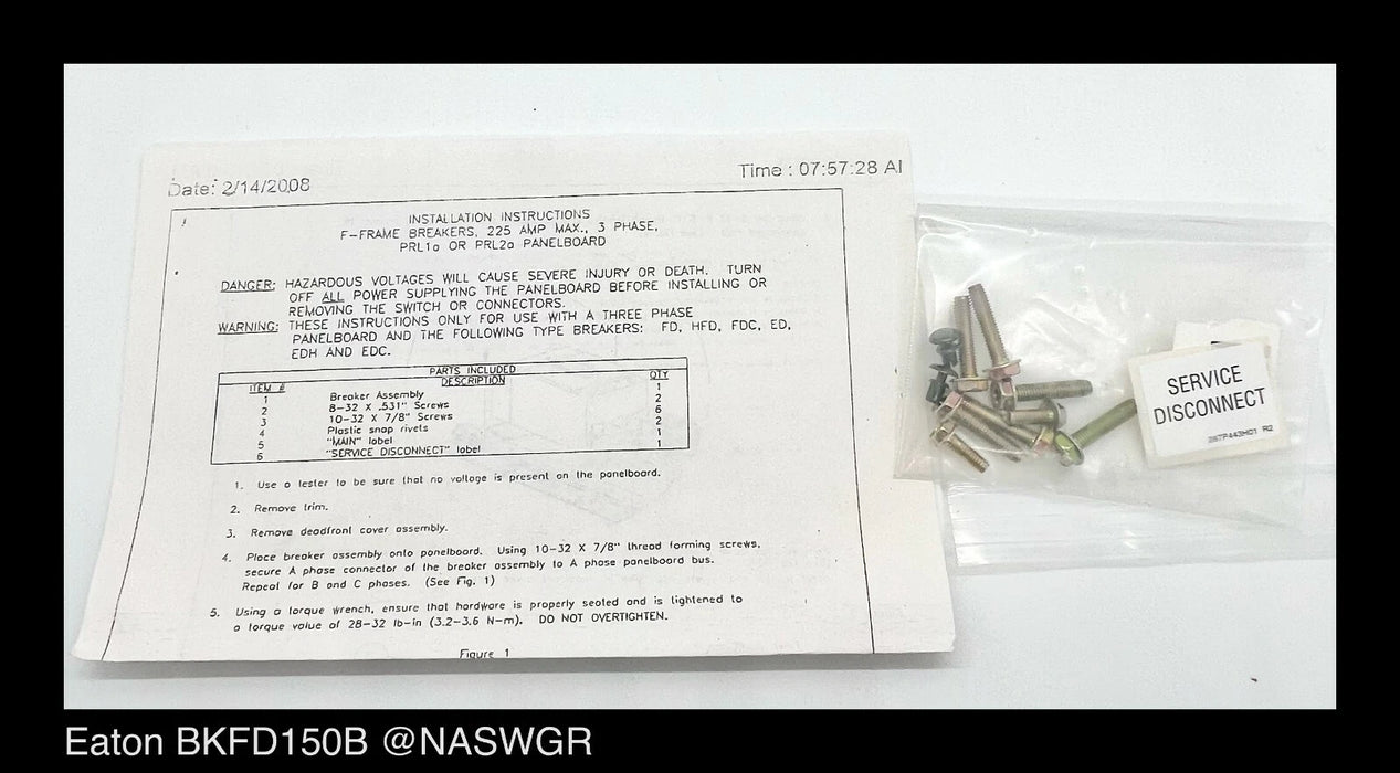 Eaton BKFD150B Main or Subfeed Breaker Kit - 150 Amp - Unused Surplus FD3150BP10