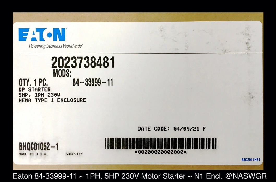 Eaton 84-33999-11 Enclosed Starter 5HP 40A 1Ø 208-230v coil - Factory Surplus