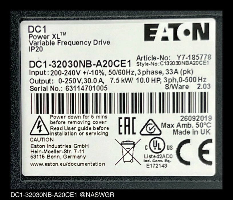Eaton DC1-32030NB-A20CE1 ~ Eaton Power XL Variable Frequency Drive ~ Surplus