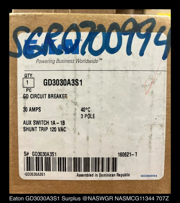 Eaton GD3030A3S1 Molded Case Circuit Breaker - 30 Amp - Unused Surplus