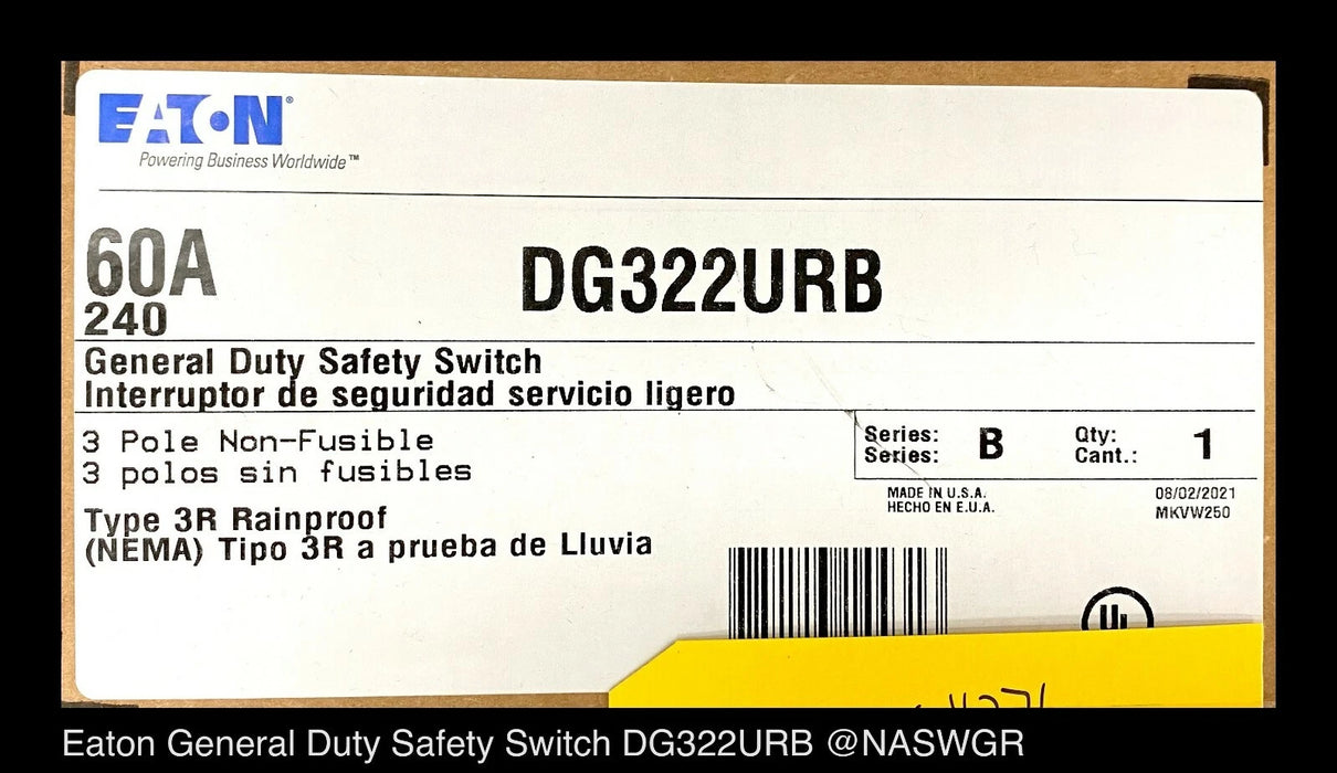 Eaton DG322URB General Duty Safety Switch - 60A/240V/3P/N3R - Unused