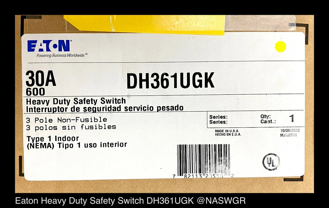 Eaton DH361UGK Heavy Duty Safety Switch - 30A/600V/3P/N1 - Unused