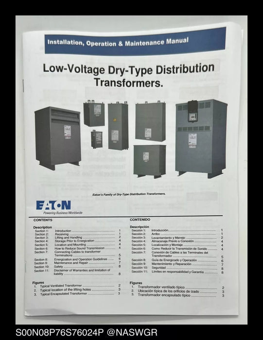 Eaton S20N08P76P Dry Type Distribution Transformer - P:208/240V S:24/48V