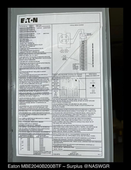 Eaton MBE2040B200BTF Meter Breaker EUSERC Type BR - 200A-120/240V - Surplus