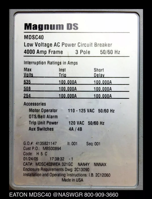 Eaton Magnum DS MDSC40 Circuit Breaker (E/O,D/O) - 3200 Amp