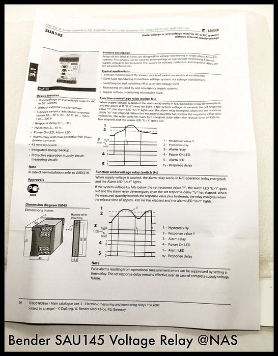 Bender B9301551 Under/Over Voltage Relay SUA145 - Surplus