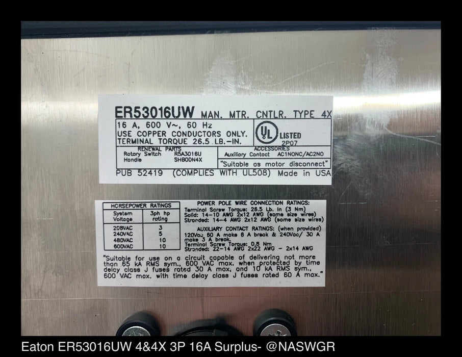 Eaton ER53016UW Enclosed Rotary Disconnect Switch - 16A/600V/3P/N4X - Unused