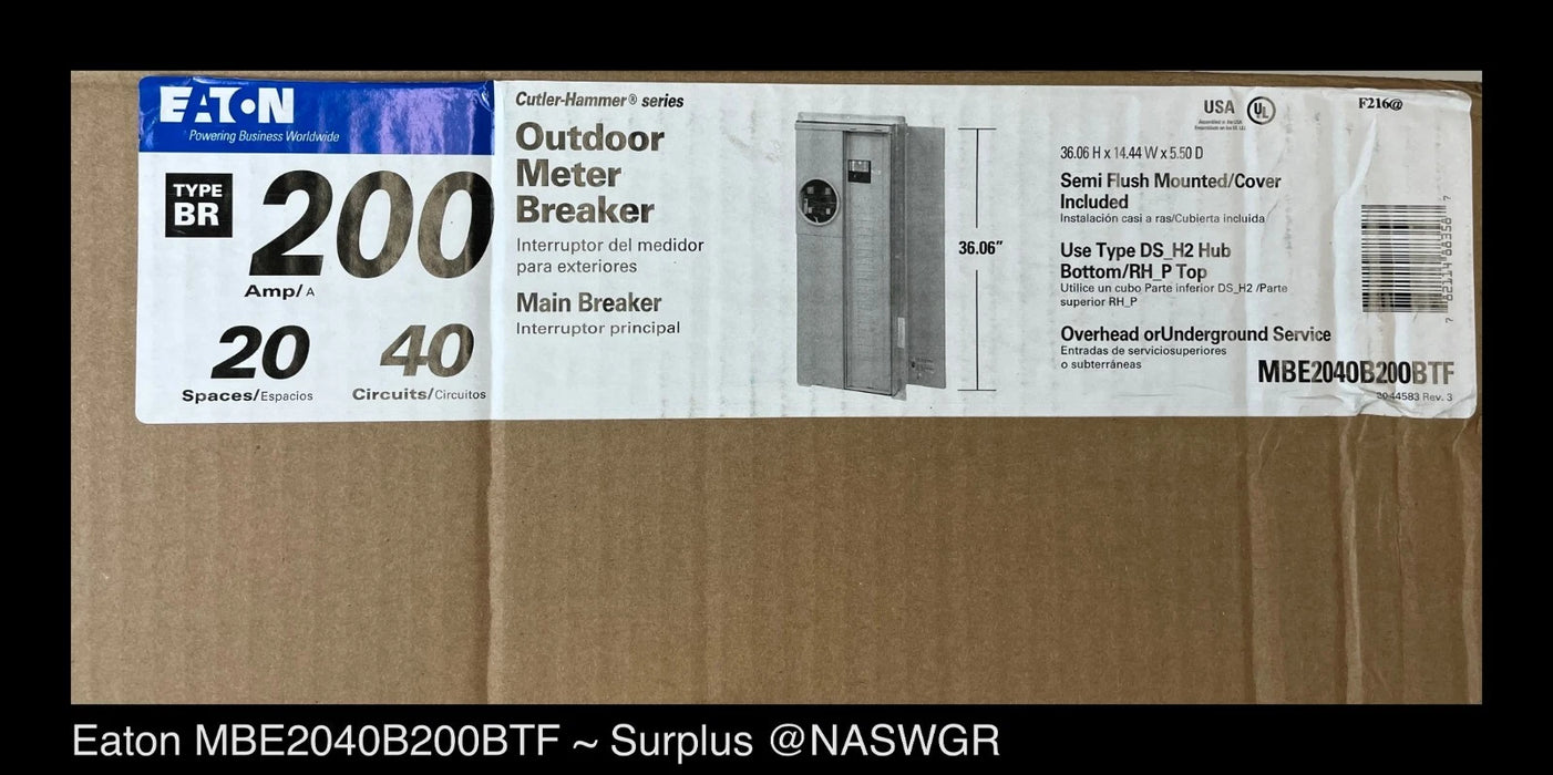 Eaton MBE2040B200BTF Meter Breaker EUSERC Type BR - 200A-120/240V - Surplus