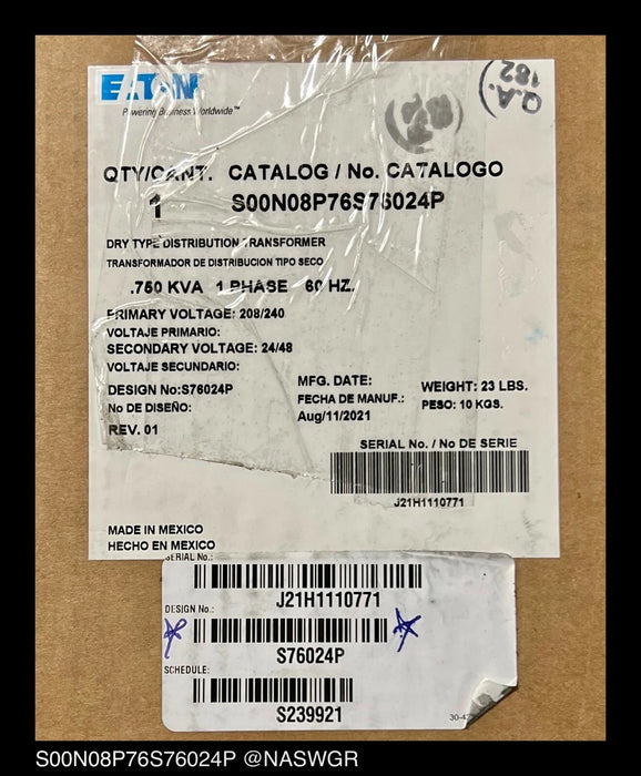 Eaton S20N08P76P Dry Type Distribution Transformer - P:208/240V S:24/48V