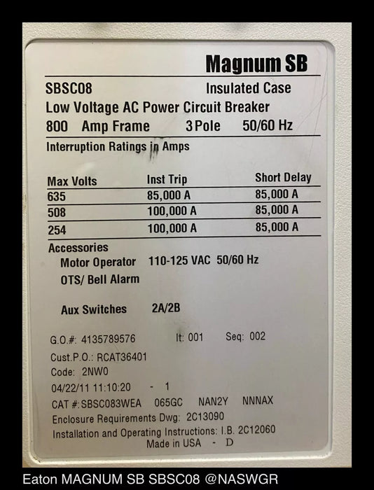 Eaton Magnum SB SBSC08 Circuit Breaker (E/O,D/O) - 600 Amp