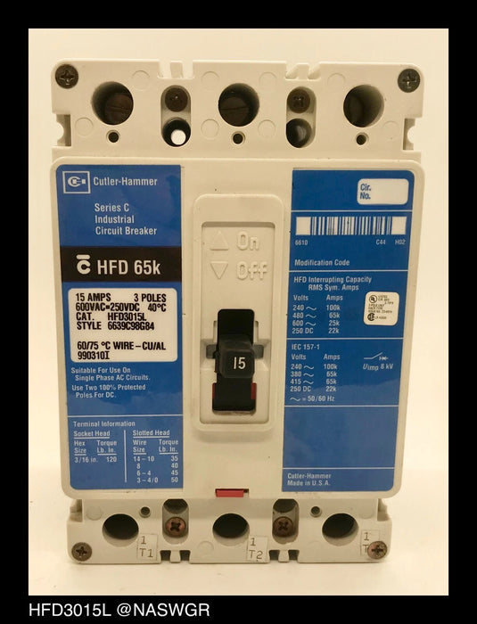 Cutler Hammer HFD3015L Molded Case Circuit Breaker - 15 Amp