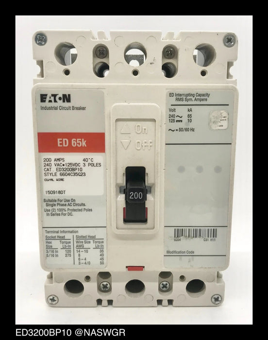 Eaton ED3200BP10 Molded Case Circuit Breaker - 200 Amp