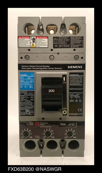 Siemens FXD63B200 Molded Case Circuit Breaker - 200 Amp - Tested/1 Year Warranty