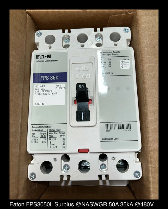 Eaton FPS3050L Molded Case Circuit Breaker - 50 Amp - Unused Surplus