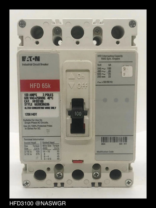 Eaton HFD3100 Molded Case Circuit Breaker - 100 Amp