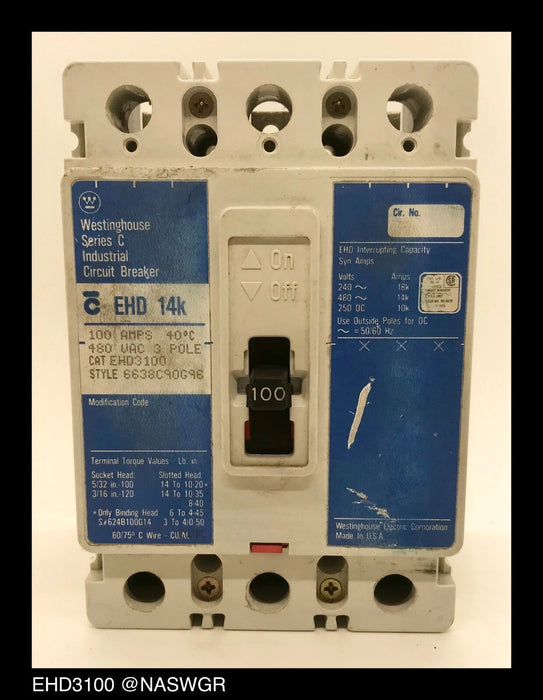 Westinghouse EHD3100 Molded Case Circuit Breaker - 100 Amp