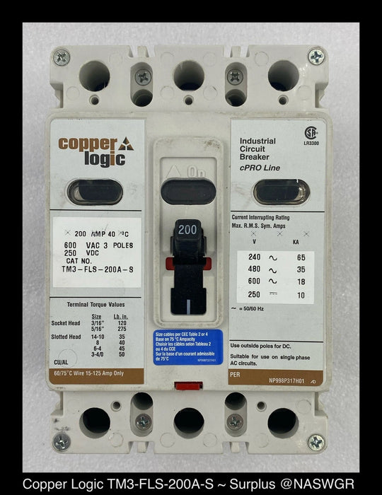 Copper Logic TM3-FLS-200A-S Molded Case Circuit Breaker - 200 Amp - Unused