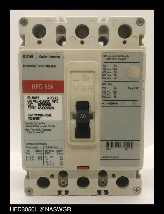 Eaton HFD3050L Molded Case Circuit Breaker - 50 Amp
