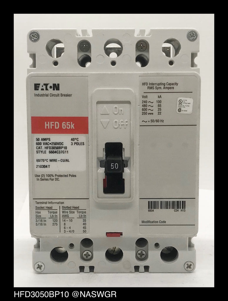 Eaton HFD3050BP10 Molded Case Circuit Breaker, 50 Amp 600VAC, 3 Pole design, with red and black color scheme, front view on a white background.