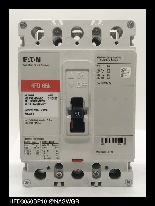 Eaton HFD3050BP10 Molded Case Circuit Breaker, 50 Amp 600VAC, 3 Pole design, with red and black color scheme, front view on a white background.