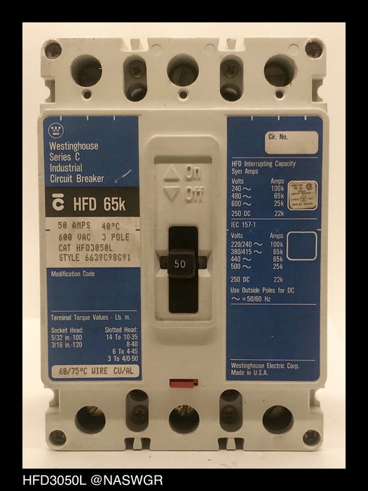 Westinghouse HFD3050L Molded Case Circuit Breaker - 50 Amp