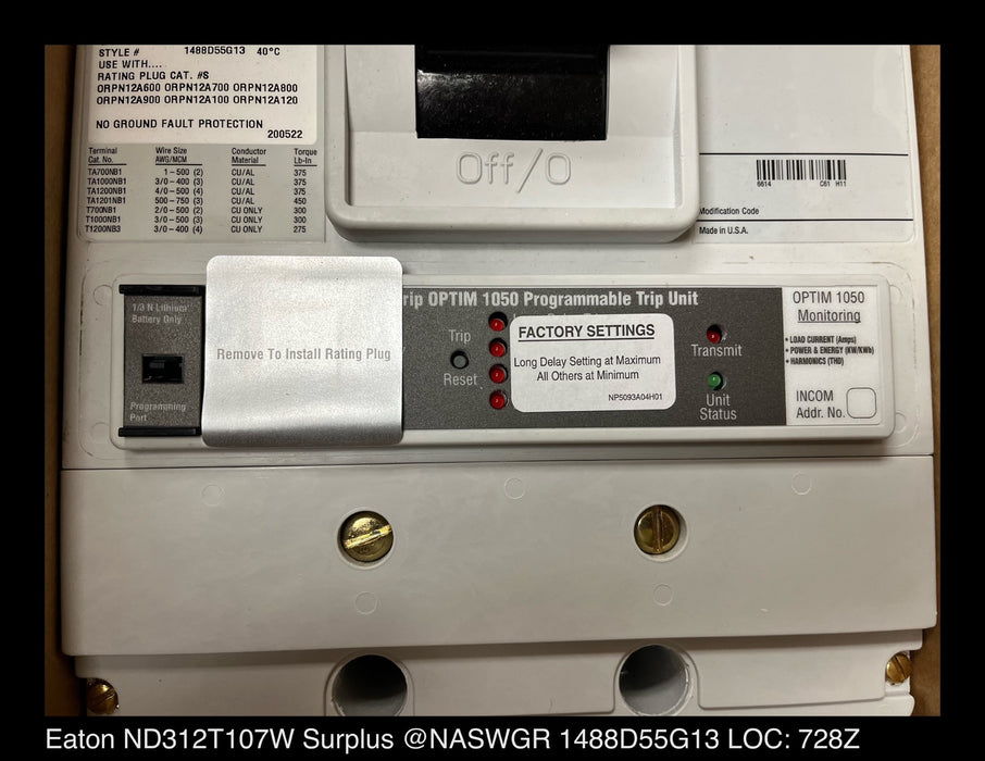 Eaton ND312T107W Molded Case Circuit Breaker - 1200 Amp - Unused