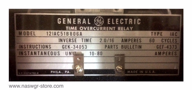 GE 12IAC51B806A Overcurrent Relay - 2/16 Amp - Unused Surplus