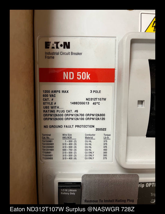 Eaton ND312T107W Molded Case Circuit Breaker - 1200 Amp - Unused