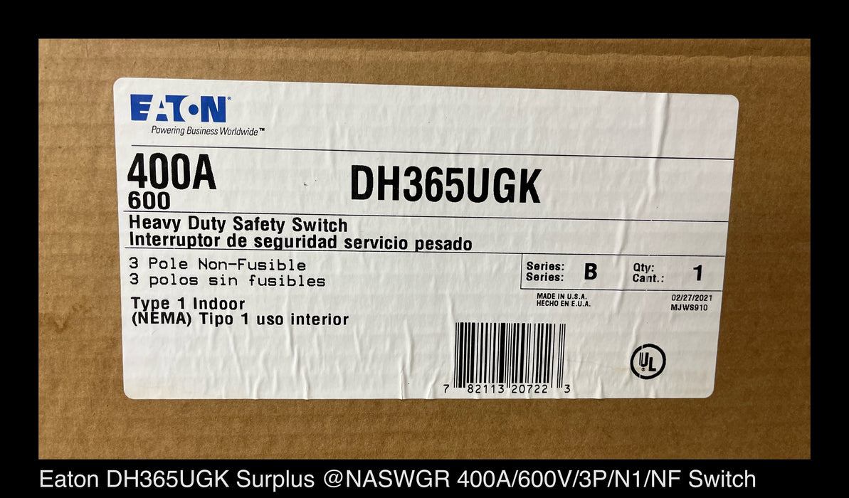 Eaton DH365UGK Heavy Duty Safety Switch - 400A/600V/3P/N1 - Unused
