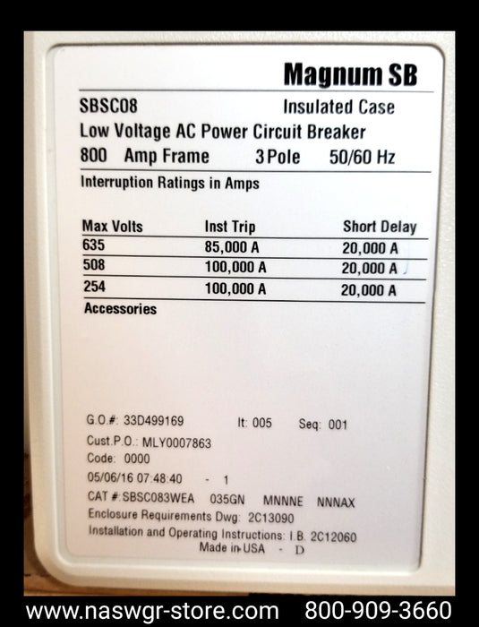 Eaton Magnum SB SBSC08 Circuit Breaker (M/O,D/O) - 300 Amp - Unused
