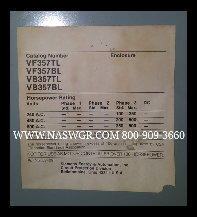 Siemens VF357BL Panel Board Switch