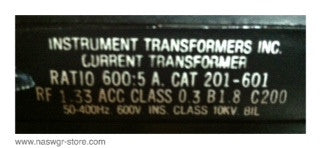 201-601 , Instrument Transformers Inc. , Current Transformer , Ratio: 600:5A. , PN: 201-601