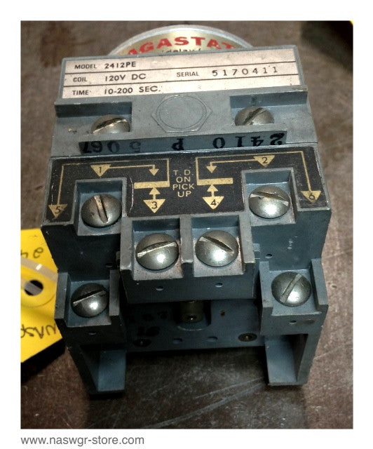 2412PE , Agastat 2412PE Time Delay Relay , Coil: 120V DC , Time: 10-200 Sec. , Contact Rating: 240 VAC , 1/4 HP- 10A Resist , PN: 2412PE