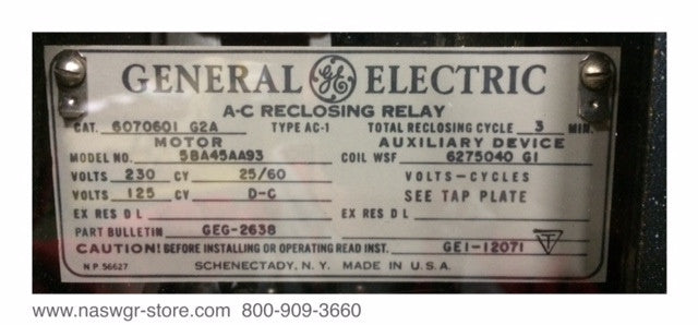 6070601G2A ~ GE 6070601G2A A-C Reclosing Relay