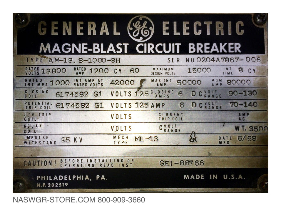 GE Magneblast AM13.8-1000-3H Circuit Breaker (E/O,D/O) - 1200 Amp