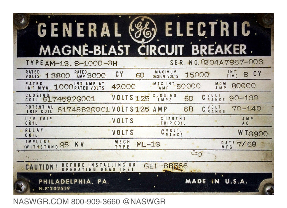 GE Magneblast AM13.8-1000-3H Circuit Breaker (E/O,D/O) - 3000 Amp