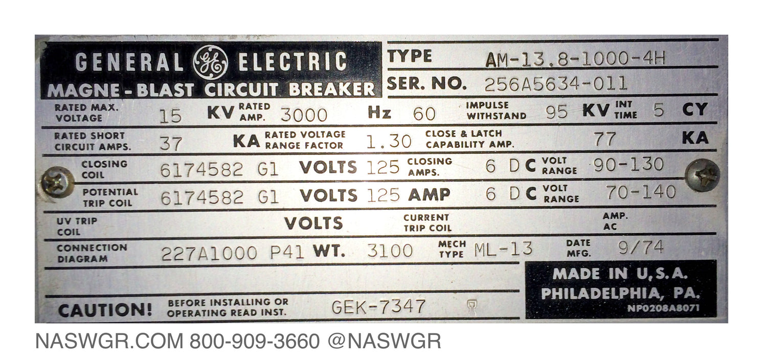 GE Magneblast AM13.8-1000-4H Circuit Breaker (E/O,D/O) - 3000 Amp