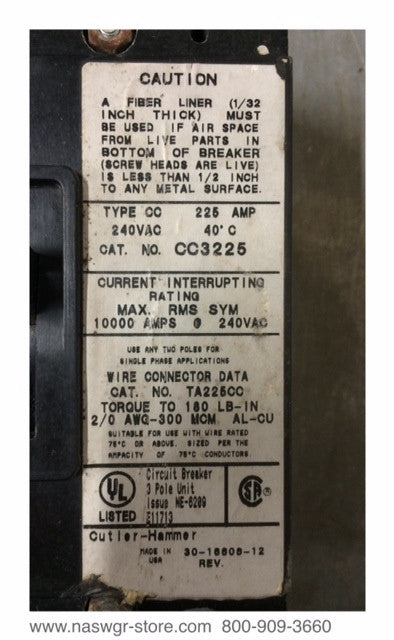 Cutler Hammer CC3225 Molded Case Circuit Breaker - 225 Amp
