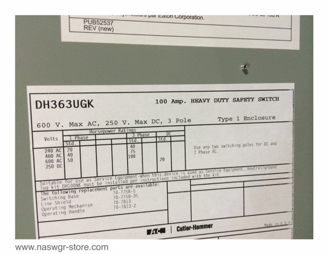 Eaton DH363UGK Heavy Duty Safety Switch - 100A/600V/3P/N1 - Unused