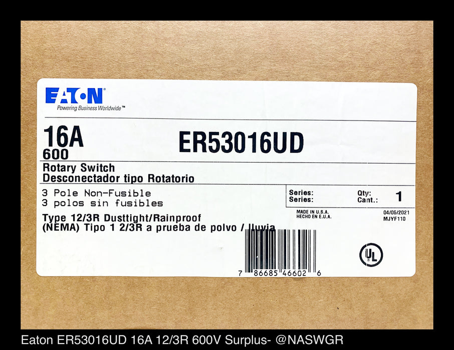 ER53016UD - Eaton Enclosed Rotary Disconnect Switch ER53016UD 16 amp - Surplus