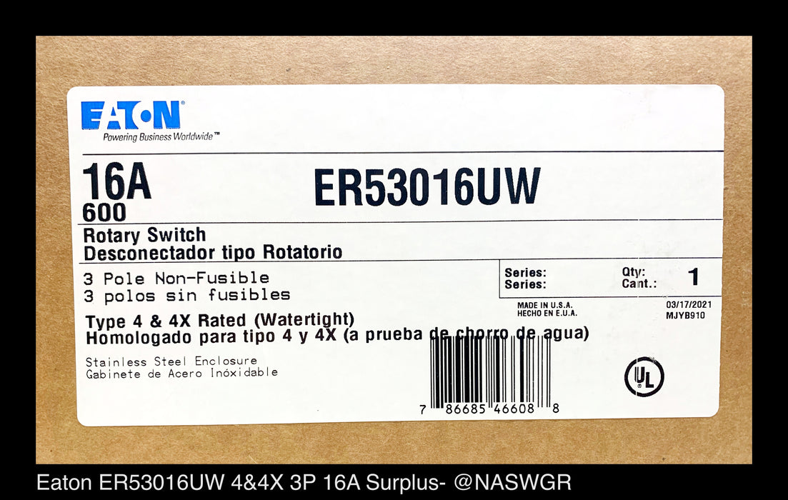 Eaton ER53016UW Enclosed Rotary Disconnect Switch - 16A/600V/3P/N4X - Unused