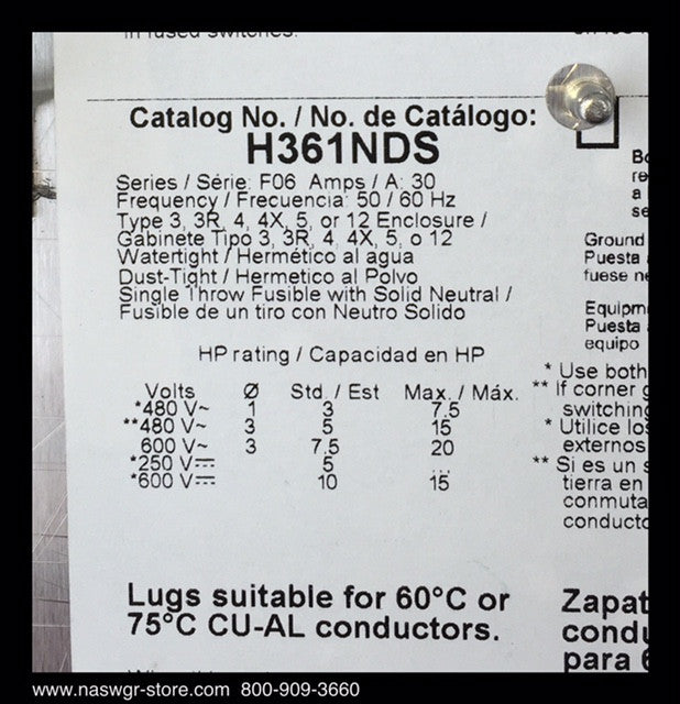 H361NDS ~ Unused Surplus Square D H361NDS Heavy Duty Safety Switch