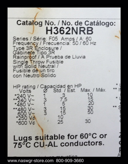 H362NRB ~ Unused Surplus Square D H362NRB Heavy Duty Safety Switch