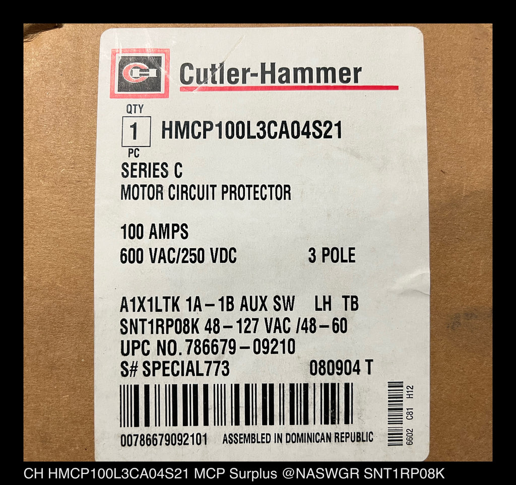 Cutler-Hammer HMCP100L3CA04S21 Motor Circuit Protector - 100 Amp - Unused